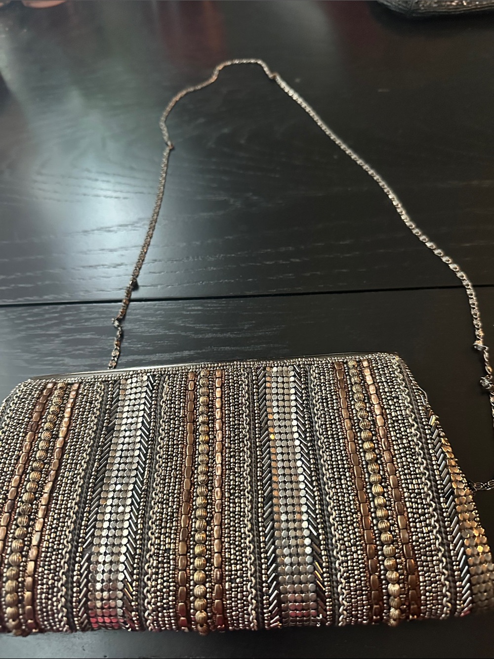 Moyna Couture Beaded Metallic Stripe Mini Shoulder Bag - Silver and Bronze